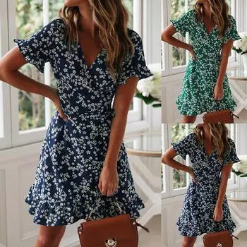 Женское мини-платье с v-образным вырезом и цветочными рюшами, женский сексуальный летний праздничный сарафан-качели S зелёный