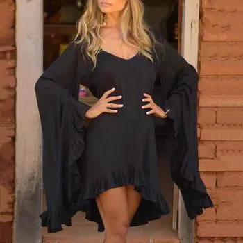 Женское мини-платье с v-образным вырезом и длинными рукавами, однотонное повседневное короткое платье с рюшами и подолом 2XL чёрный