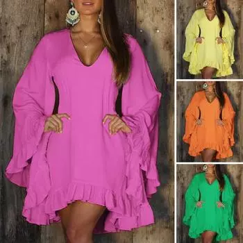 Женское мини-платье с v-образным вырезом и длинными рукавами, однотонное повседневное короткое платье с рюшами и подолом XL жёлтый