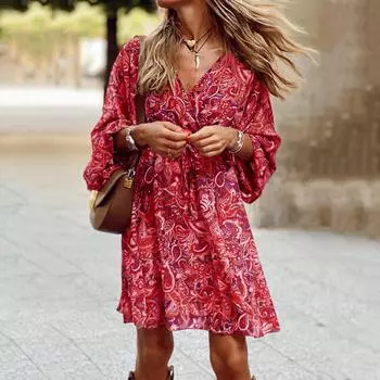 Женское мини-платье с V-образным вырезом и средней талией Красочный цветочный принт Свободные рукава три четверти с разрезом подол выше колена Женское вечернее платье для свиданий M коричневый