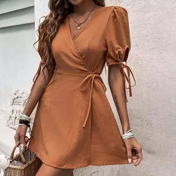 Женское мини-платье с V-образным вырезом и рукавами-фонариками, простое, однотонное, облегающее, трапециевидной формы S оранжевый
