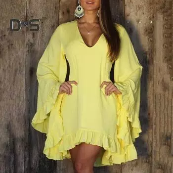 Женское мини-платье с v-образным вырезом и длинными рукавами, однотонное повседневное короткое платье с рюшами и подолом 2XL темно-розовый