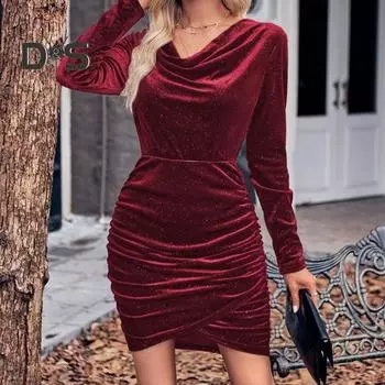 Женское мини-платье с V-образным вырезом, облегающее, с плиссировкой, с длинными рукавами, с неровным подолом, однотонное, эластичное, короткое платье для клубной вечеринки на осень-весну L вино красного