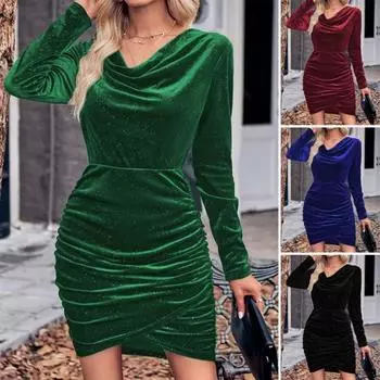 Женское мини-платье с V-образным вырезом, облегающее, с плиссировкой, с длинными рукавами, с неровным подолом, однотонное, эластичное, короткое платье для клубной вечеринки на осень-весну L синий