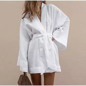 Женское мини-платье со шнуровкой, весеннее, с длинным рукавом, V-образным вырезом, из хлопка и льна, повседневное, свободное, кимоно, кардиган, платье 2025 S белый