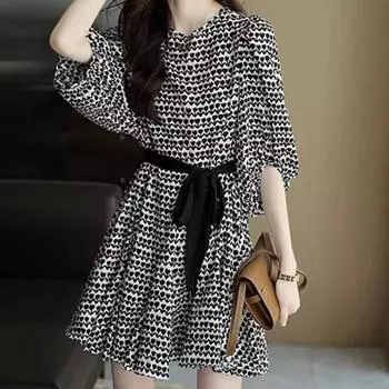 Женское мини-платье со свободными рукавами-пузырьками, большой подол, трапециевидной формы с рукавами три четверти, для свиданий, с узкой талией, с цветочным принтом, женское платье, женская одежда XL чёрный