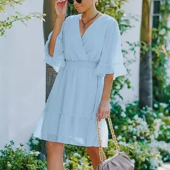 Женское мини-платье, вечернее платье с эластичной резинкой на талии и оборками, свободное платье в горошек с v-образным вырезом и короткими рукавами, струящееся платье L