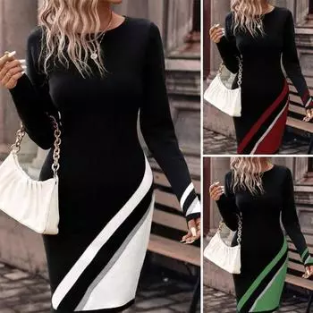 Женское мини-платье весна осень контрастного цвета в полоску с принтом повседневное платье с круглым вырезом и длинным рукавом облегающее платье уличная одежда 3XL красный