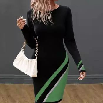 Женское мини-платье весна-осень контрастный цвет полосатый принт повседневное платье O-образный вырез длинный рукав облегающее платье уличная одежда L чёрный