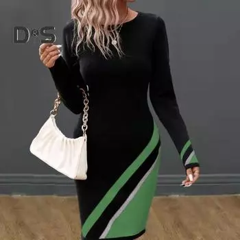 Женское мини-платье весна-осень контрастный цвет полосатый принт повседневное платье O-образный вырез длинный рукав облегающее платье уличная одежда L чёрный