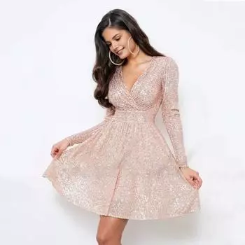 Женское мини-платье Yousheng с блестками, длинным рукавом и V-образным вырезом, облегающее женское коктейльное платье для вечеринок, свадеб, клубов, выпускных вечеров S чёрный