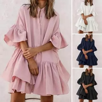 Женское многоярусное платье-бэбидолл с плиссированными рукавами, летнее повседневное свободное мини-платье средней длины для повседневной жизни и пляжных вечеринок L розовый