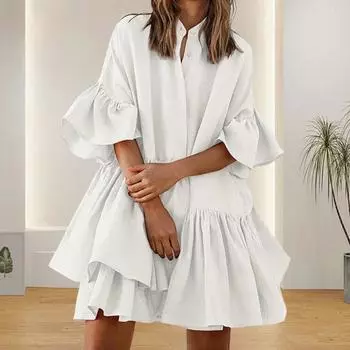 Женское многоярусное платье-бэбидолл Yousheng, плиссированное платье с оборками на рукавах, летнее повседневное свободное мини-платье средней длины для повседневной жизни, пляжных вечеринок S белый