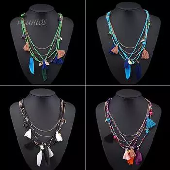 Женское многослойное ожерелье-цепочка с этническими перьями и бусинами в стиле бохо синий