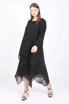 Женское многоуровневое асимметричное шифоновое платье больших размеров черного цвета