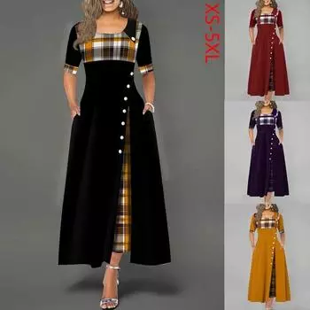 Женское модное элегантное длинное платье с коротким рукавом и клетчатым принтом на пуговицах, макси-платье S чёрный
