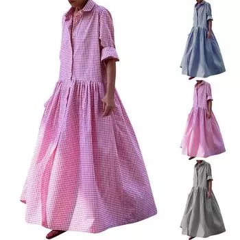 Женское модное элегантное клетчатое платье-рубашка L чёрный