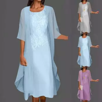 Женское модное элегантное однотонное кружевное лоскутное шифоновое платье без рукавов с круглым вырезом, платье из двух частей XL