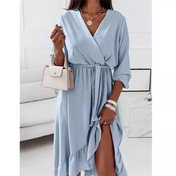 Женское модное элегантное однотонное вечернее платье с V-образным вырезом и длинными рукавами, платья с рюшами S розовый