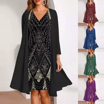 Женское модное элегантное шифоновое платье без рукавов с v-образным вырезом и принтом, платье из двух частей XXL темно-синий