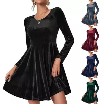 Женское модное бархатное платье с длинным рукавом и круглым вырезом XXL чёрный