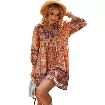 Женское модное богемное платье с принтом, летнее повседневное короткое платье с v-образным вырезом и рукавами 3/4 S оранжевый