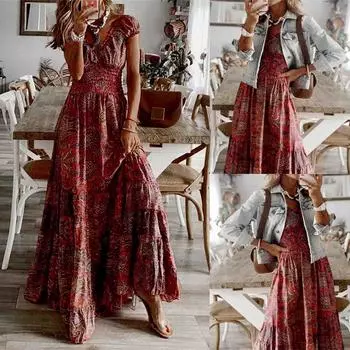 Женское модное богемное тонкое платье с цветочным принтом и длинным рукавом с короткими рукавами S винный