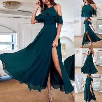 Женское модное цветное шифоновое платье с разрезом, большое распашное платье, банкетное платье L зелёный