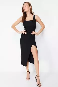 Женское модное деловое миди с рукавами-ремешками, черное тканое платье миди с разрезом и сборками