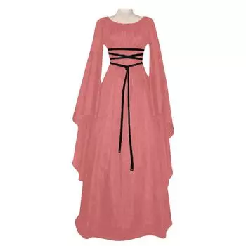 Женское модное длинное однотонное платье с круглым вырезом и поясом в стиле ретро XL розовый