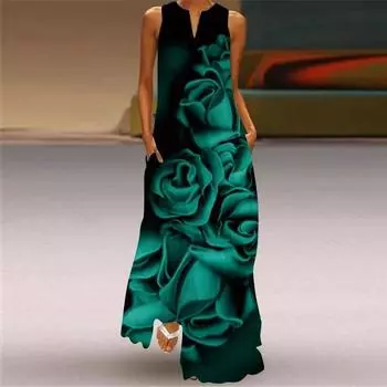 Женское модное длинное платье без рукавов с карманом и V-образным вырезом, повседневное винтажное платье с принтом L зелёный