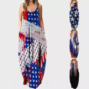 Женское модное длинное платье без рукавов с принтом на День независимости XXL синий