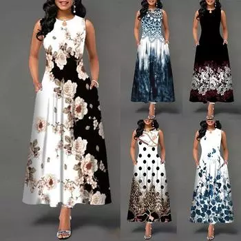 Женское модное длинное платье с принтом, платье макси без рукавов с карманом, элегантное платье-туника, халаты, летнее большое вечернее платье-майка S белый
