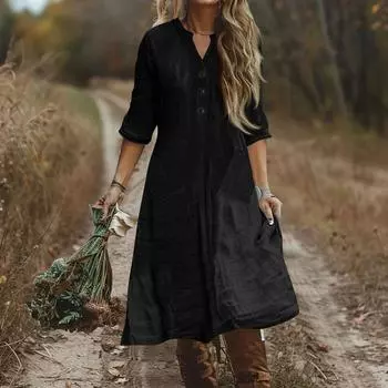 Женское модное хлопково-льняное платье на пуговицах однотонное с рукавом до локтя свободного кроя с карманами L чёрный