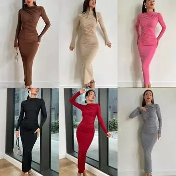 Женское модное и элегантное однотонное облегающее длинное платье с круглым вырезом и длинными рукавами S чёрный