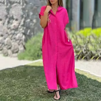 Женское модное и повседневное однотонное платье из хлопка и льна L розовый