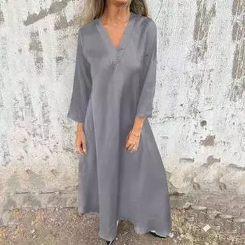 Женское модное и повседневное однотонное платье из хлопка и льна S розовый