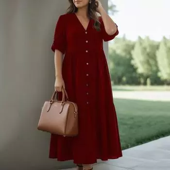 Женское модное и повседневное однотонное платье из хлопка и льна L розовый