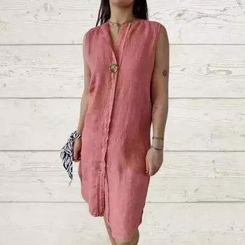 Женское модное и повседневное однотонное платье из хлопка и льна XXL розовый