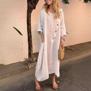 Женское модное и повседневное однотонное платье из хлопка и льна S розовый