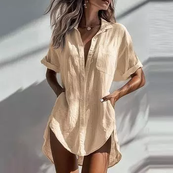 Женское модное и повседневное однотонное платье из хлопка и льна XL розовый