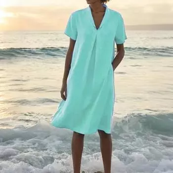 Женское модное и повседневное однотонное платье из хлопка и льна S розовый