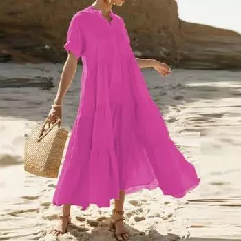 Женское модное и повседневное однотонное платье из хлопка и льна XXL розовый