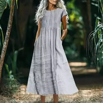 Женское модное и повседневное однотонное платье из хлопка и льна XXL