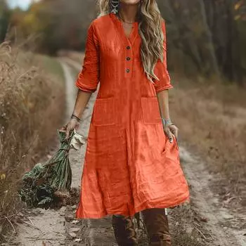 Женское модное и повседневное однотонное платье из хлопка и льна M оранжевый