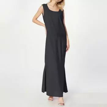 Женское модное и повседневное платье без рукавов из хлопка и льна однотонной расцветки L чёрный
