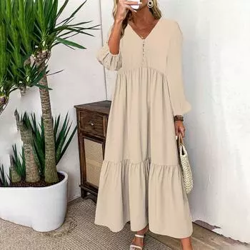 Женское модное и повседневное платье с длинным рукавом S бежевый