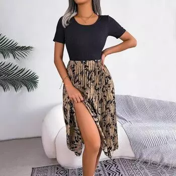 Женское модное и повседневное плиссированное платье с высокой талией и принтом M хаки