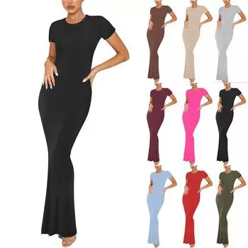 Женское модное и сексуальное однотонное длинное платье с круглым вырезом и короткими рукавами L