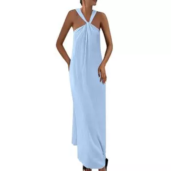 Женское модное и сексуальное однотонное платье без рукавов с V-образным вырезом для пляжного отдыха XL синий
